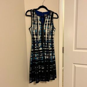 Vince Camuto Fit & Flare Dress, Leather Trimmed Split Neckline, Blue Metallic, 2